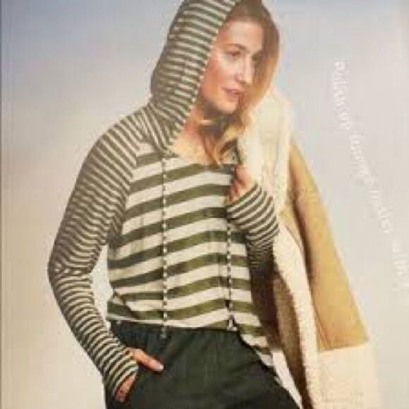 CAbi Olive Green & Oatmeal Striped Playoff Hoodie 3995 - Picture 2 of 8